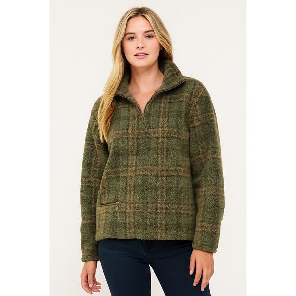 Vintage Olive Green Plaid Sherpa Quarter Zip Pullover medium - Picture 1 of 5